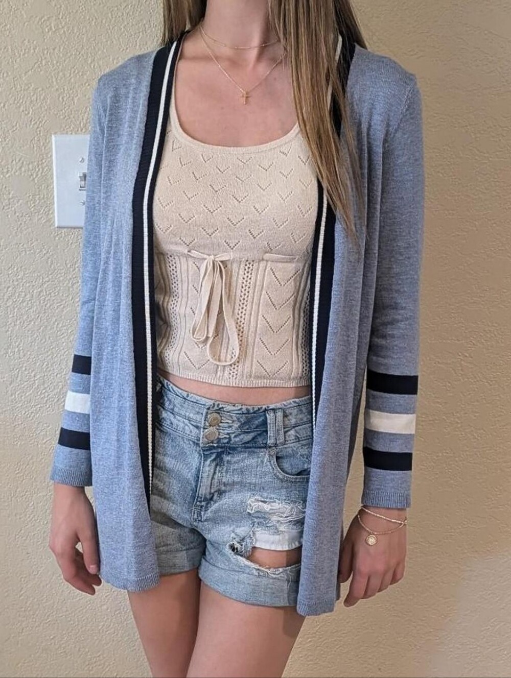 Light Blue Open Lightweight Long Sleeve Cardigan With Nautical Stripes